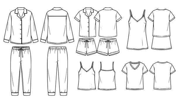 Sleepwear clothing template set front and back flat vector illustration isolated on white background