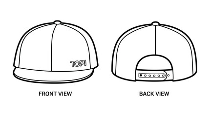 Fototapeta premium Modern flat brim cap vector illustration template featuring detailed front and back views, ideal for fashion design, apparel mockups, and streetwear branding projects
