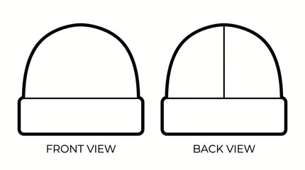 Fototapeta premium Minimalist line art illustration featuring front and back views of a classic beanie hat, perfect for apparel design templates and fashion development