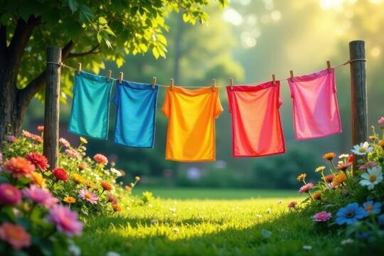 Brightly colored shirts drying on a clothesline in a lush garden bathed in sunlight