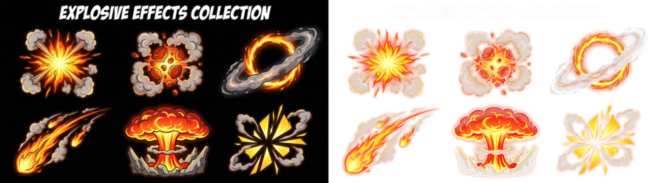 Explosive effects collection, cartoon style fire and smoke explosions, blast, fireball, nuclear mushroom and impact effects for game design isolated on transparent background