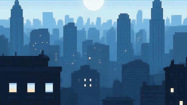 Blue city skyline with tall buildings, glowing windows and hazy sunrise, urban office district, modern travel backdrop