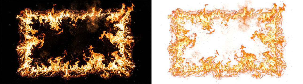 Rectangular frame made of realistic fire flames isolated on black background and transparent background, burning fire border for design elements