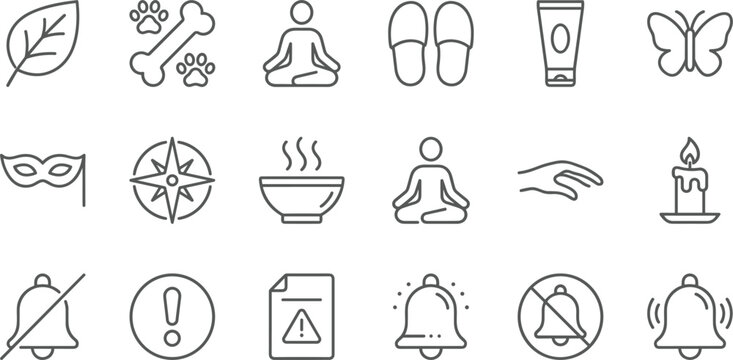Lifestyle and Wellness Icon Collection with Yoga Meditation, Spa Beauty, Nature Elements, Pet Care, and Digital Notification Warning Symbols for Modern UI UX Interface Designs