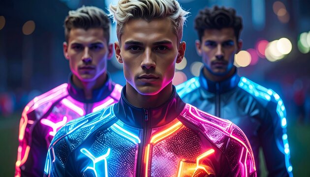 Three men in futuristic neon jackets standing together at night.