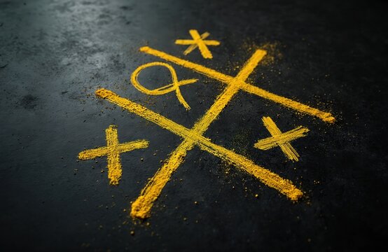 Close view of a tic tac toe grid with X and O drawn on dark surface. Game uses yellow powder for lines and symbols. Strategy and competition abstract concept.