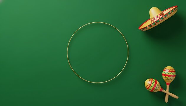 Mexican fiesta elements with golden frame on green, sombrero