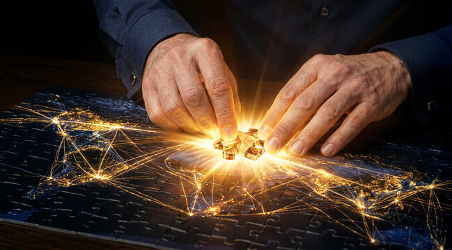 Close up of a businessman's hands placing a glowing missing puzzle piece into a global world map network puzzle, symbolizing global connectivity and business solutions