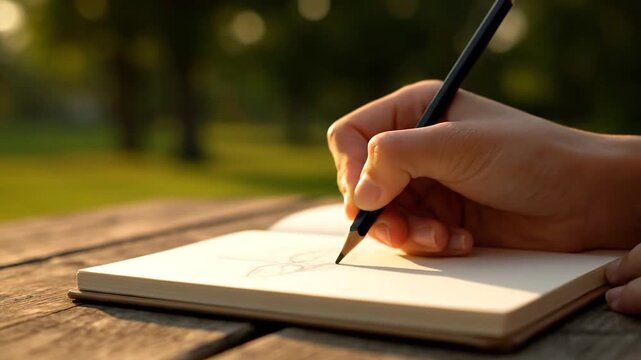 Close up of a person writing in a notebook outdoors.