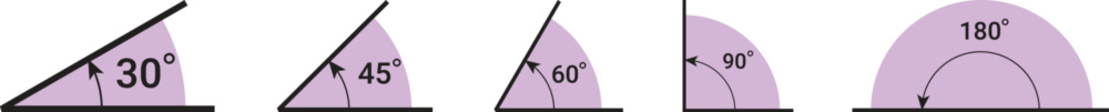 45 90 120 180 360 degree icon set in flat style. Different degree view rotation set. 360 degree view. Minimal interface icon, symbol. Different degrees icon set. 45-360 degrees. Vector graphic.