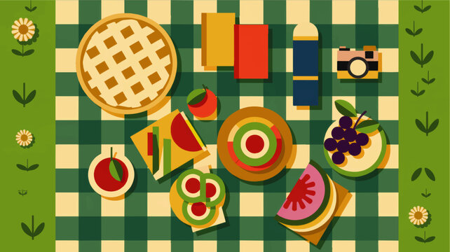 Colorful summer picnic flat lay with retro food, pie, fruit and camera on green checkered blanket, playful outdoor illustration