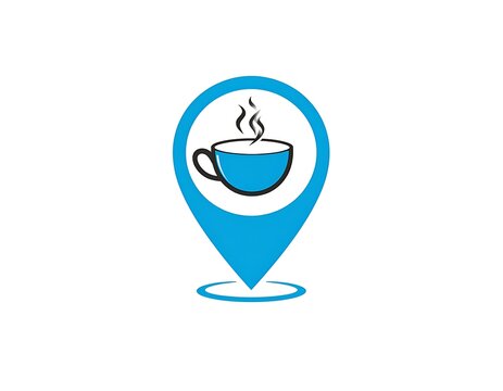 A blue map pin icon with a steaming cup of coffee inside