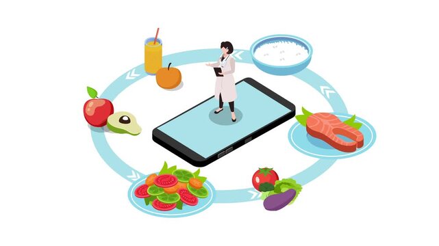Online Nutritionist and Healthy Diet Planning App Concept 3d animation cartoon