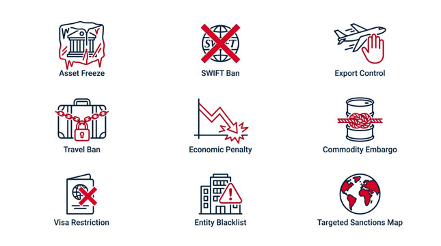 Economic Sanctions and International Trade Restriction Icon Set with Asset Freeze, SWIFT Ban, and Export Control Symbols