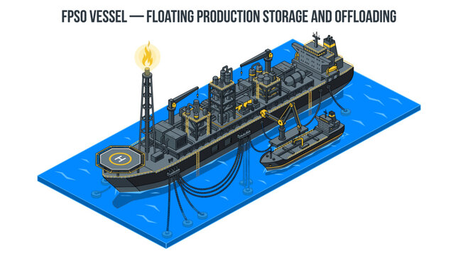 Isometric Illustration of an FPSO Vessel Floating Production Storage and Offloading Unit for Offshore Oil and Gas Industry