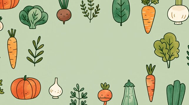 cute kawaii food diary background with watercolor vegetables and pastel herbs
