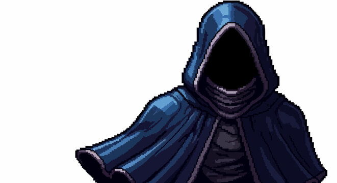 Mysterious hooded figure in dark blue cloak.