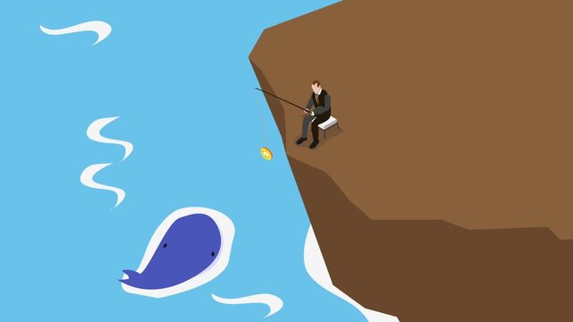Businessman Fishing for Bitcoin on Cliff Edge | Crypto Investment and Risk Concept 3d animation cartoon
