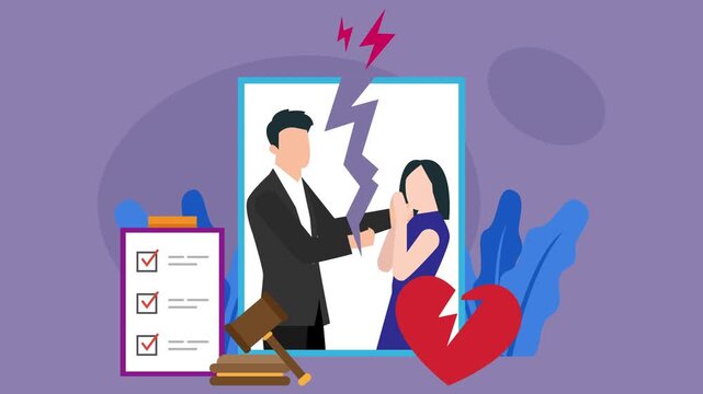 Divorce and Legal Separation Concept with Gavel, Broken Heart, and Checklist cartoon animation