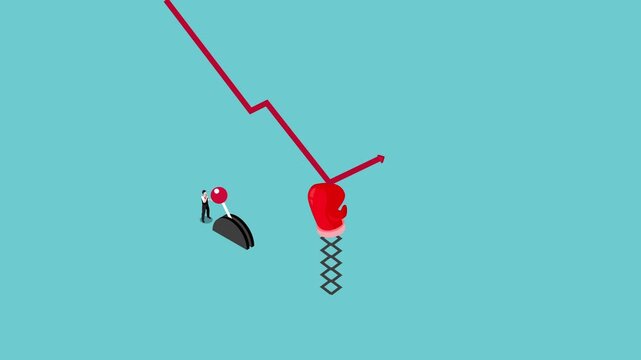 Businessman Using Lever to Stop Stock Market Crash with Boxing Glove 3d animation cartoon