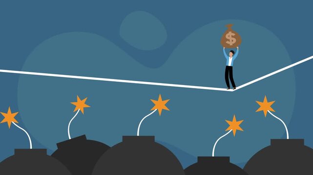 Businessman Balancing on Tightrope Over Bombs Carrying Money Bag cartoon animation
