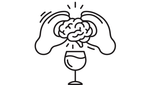 Head with hands on sides drinking wine glass illustration showing pro nervousness and stress featuring brain, nervous, anxiety with shoulders and