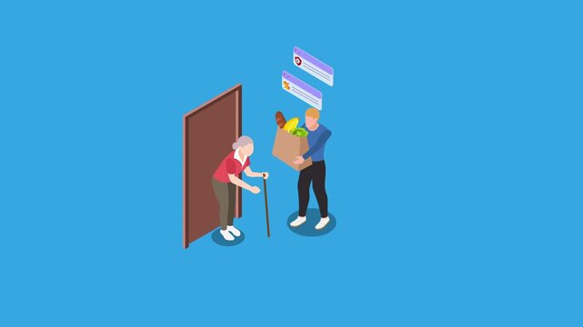 Young Man Delivering Groceries to Elderly Woman Isometric 3d animation cartoon