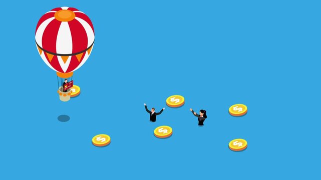 Businessman in Hot Air Balloon Rescuing People from Financial Debt 3d animation cartoon