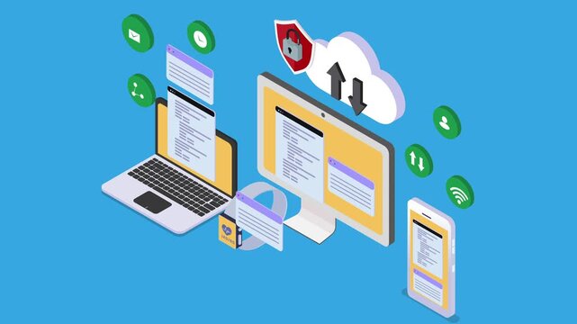 Cloud Computing and Cross Platform Data Sync Concept with Computer Laptop and Smartphone 3d animation cartoon
