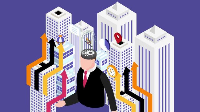 Corporate Stress Concept with Businessman, Caged Bird in Head, and Urban City Skyscrapers 3d animation cartoon