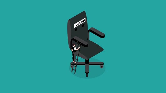 Isometric Business Recruitment Concept with Vacant Office Chair and Miniature Worker 3d animation cartoon