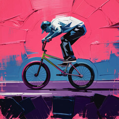 Naklejka premium Urban BMX rider performing street stunt in vibrant neon graffiti style, colorful abstract tunnel background, modern digital art