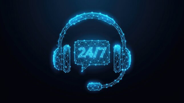 Glowing polygonal headset with 24 7 symbol illustrating constant customer support