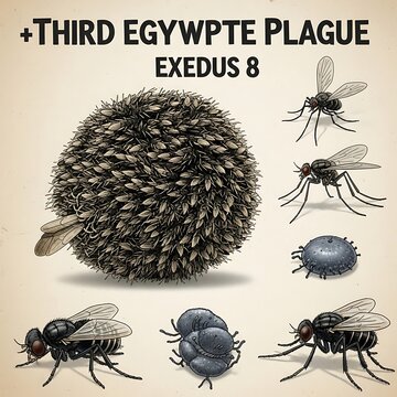 Detailed Illustrated Swarm of Flies and Lice Arranged on Vintage Biblical Plague Poster