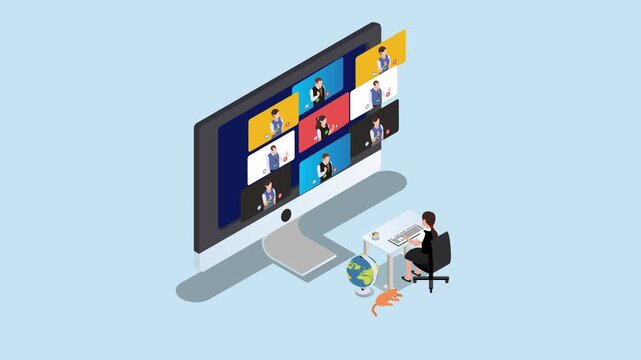 Woman Working Remotely and Participating in a Virtual Video Conference Call on a Computer 3d animation cartoon