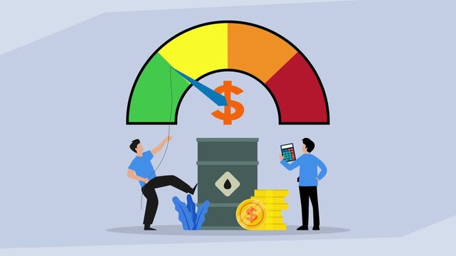 Businessmen Monitoring Oil Prices with an Indicator Gauge, Fuel Barrel, and Gold Coins cartoon animation