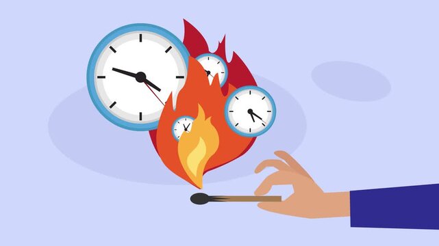 Hand Holding a Lit Match with Burning Clocks Representing Urgency and Deadlines cartoon animation