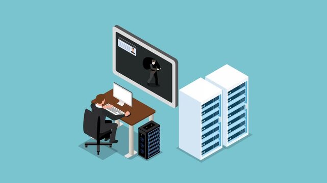 Cybersecurity Professional Protecting Server Data from Hacker Attack 3d animation cartoon