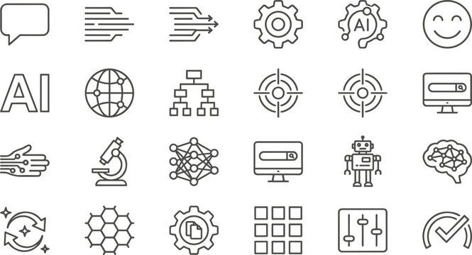 Modern Artificial Intelligence and Machine Learning Line Icon Set Featuring Neural Networks Robotics Data Processing and Digital Technology Symbols for Future Tech Web and App Design