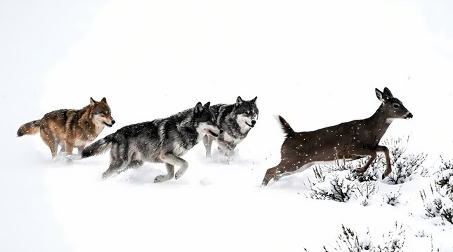 A pack of wolves pursuing a deer through a snow-covered landscape, highlighting the raw drama of nature's survival instinct in the wild
