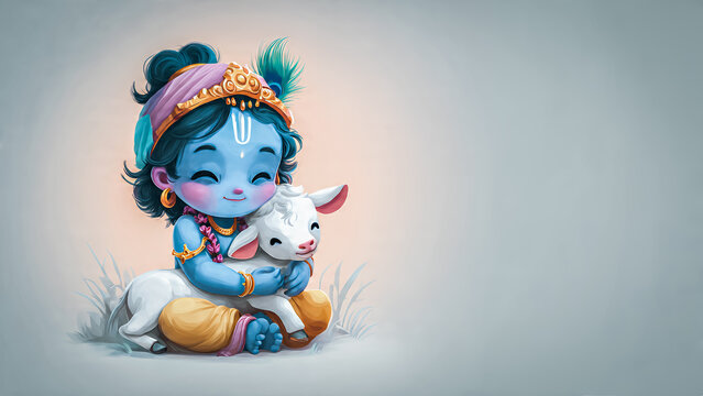 A cute, minimalist wallpaper featuring baby Krishna holding a calf. A subtle background, an adorable cartoon style, blue skin with a soft glow, and a crown of peacock feathers.