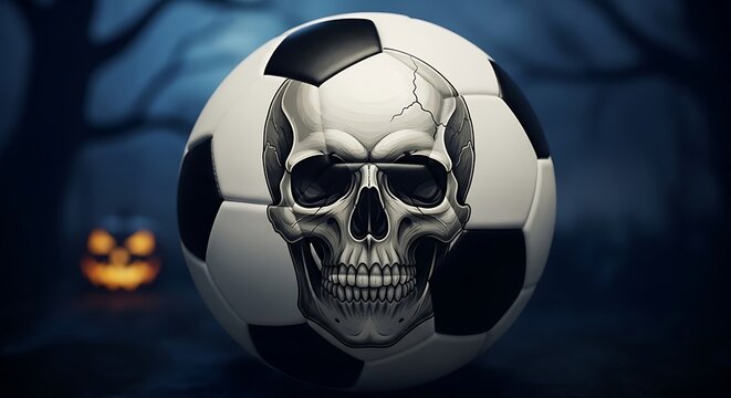 Spooky Soccer Ball with Skull Design Resting in Dark Halloween Setting