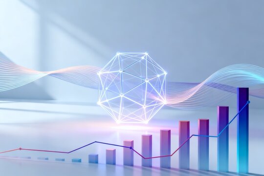 Rising bar chart with glowing geometric structure