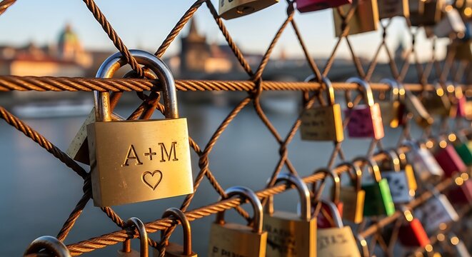 Golden Love Lock Hanging on Wire Fence Beside Scenic River at Sunset