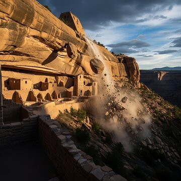 Ancient Cliff Dwellings Beside Rockslide in Desert Canyon