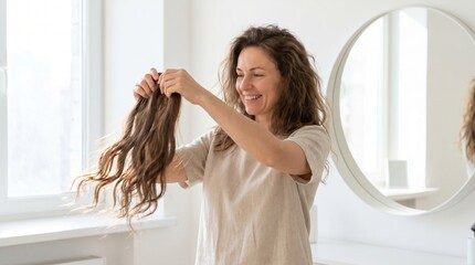 Fototapeta premium Woman smiling while holding long hair extensions in a bright room 