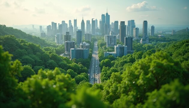 Modern city buildings rise in dense green forest. Highway with cars passes through trees. Urban sprawl meets nature with high rise architecture.