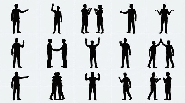 Silhouette set of human interactions with diverse gestures including pointing greeting and embracing isolated on white background