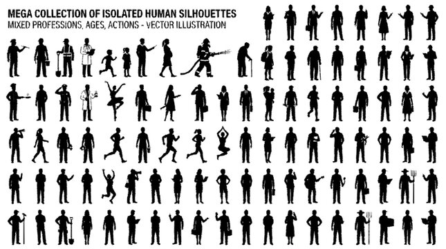Diverse silhouettes of people in varied poses and professions arranged in grid on clean isolated vector background