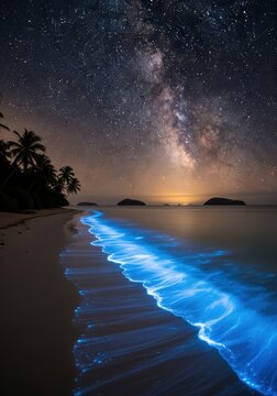 Stunning Bioluminescent Plankton Glowing on a Tropical Beach Under the